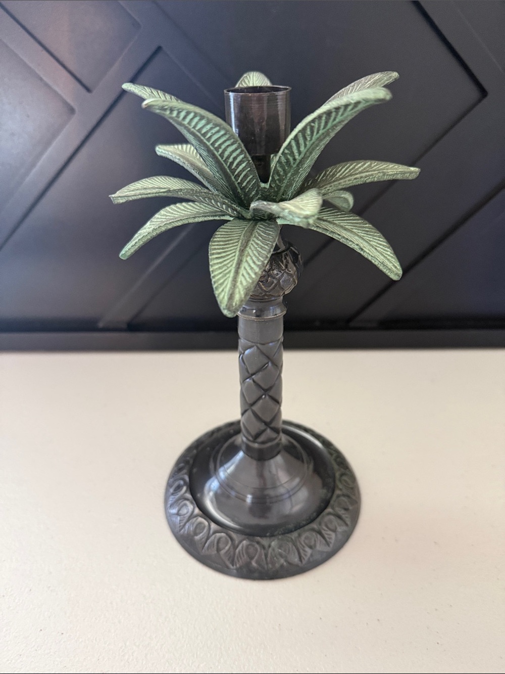 Vintage Tropical Palm Tree Candlestick-Heavy- India 9” Brass Tone